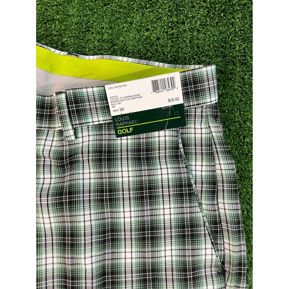 NWT Louis Raphael Golf Shorts Mens 38 Green Black Bradenton Plaid‎ Flat Front